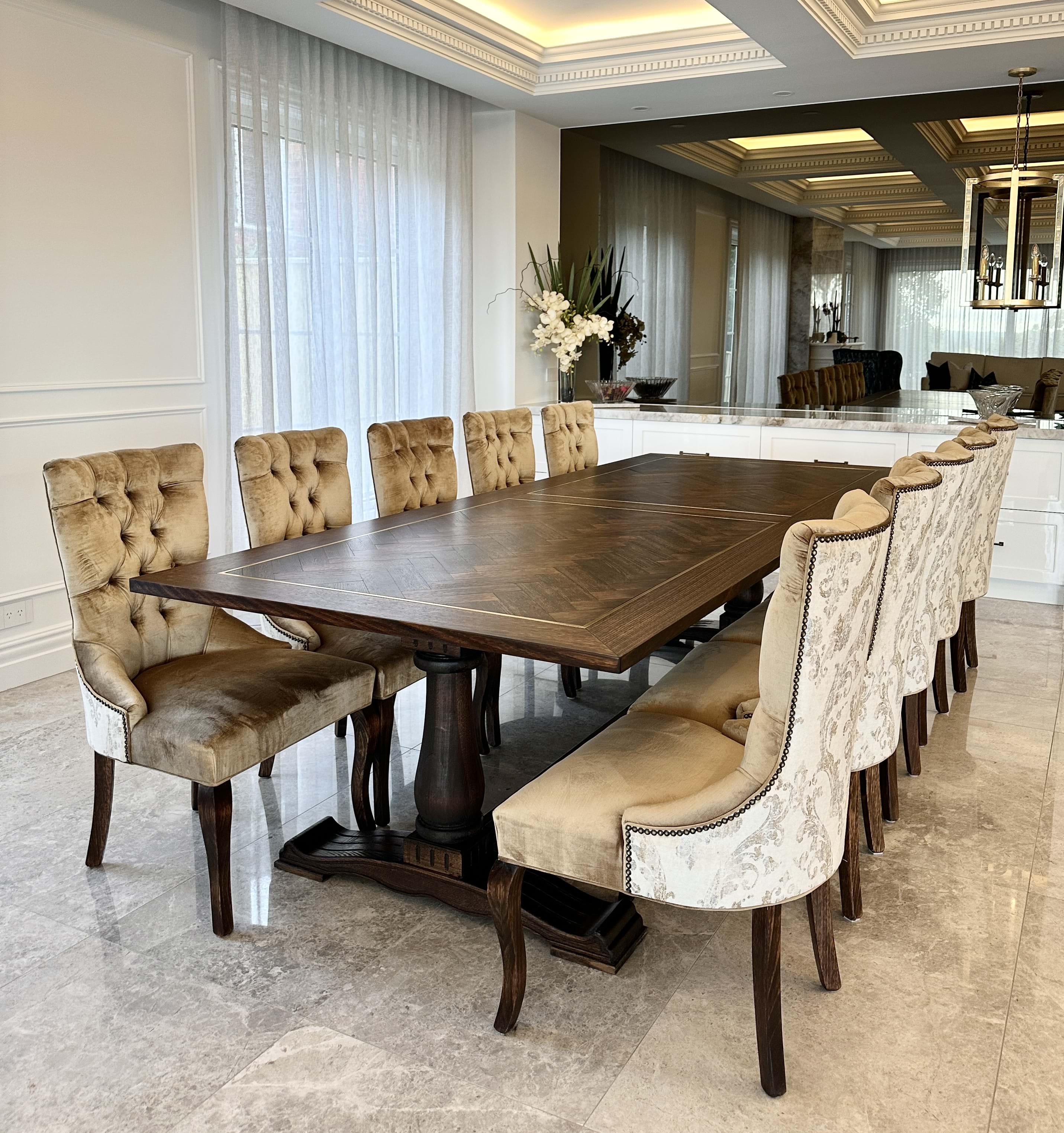 dining table, dining chair, arm chair, lounge chair, chesterfield, tufted, diamond buttoning, custom made, upholstery, chair, australia, melbourne, sydney, perth, adelaide, brisbane