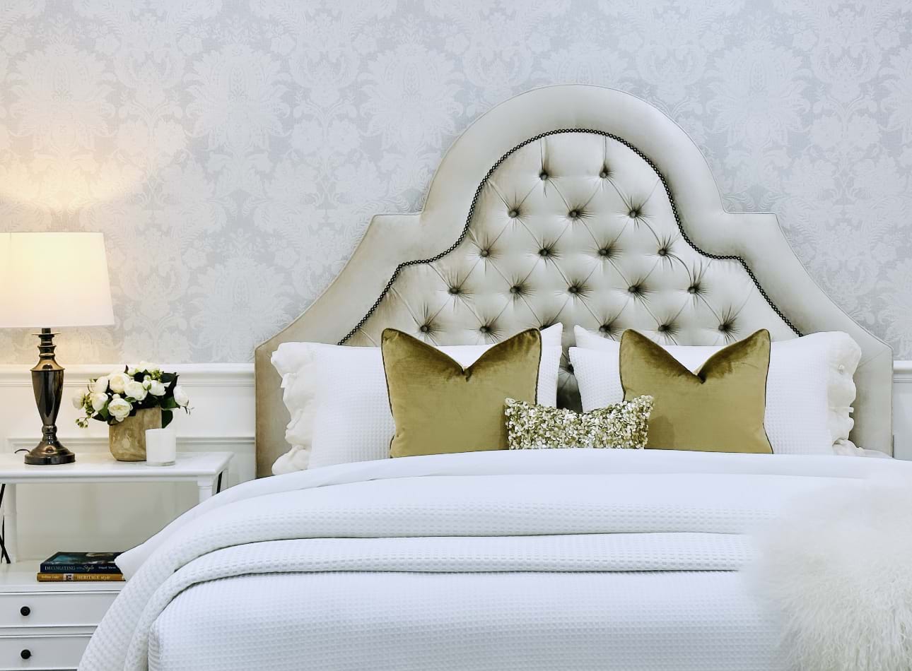 upholstered beds, king bed, queen bed, Buttoned Bed, Buttoned Bedhead, chesterfield, tufted, diamond buttoning, bedhead, headboards, bed heads, custom made, upholstery, melbourne, Sydney, perth, adelaide, brisbane